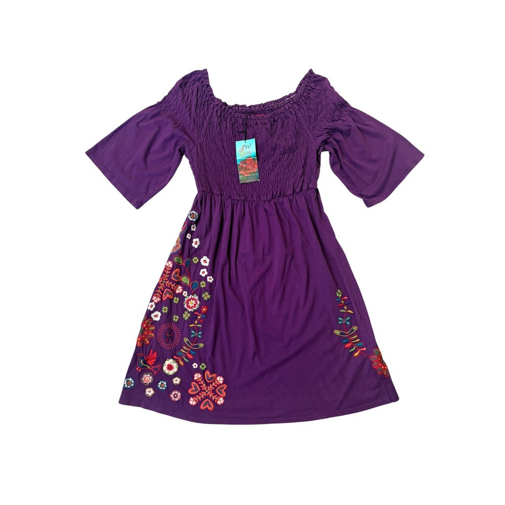 VTG Deadstock Y2K Johnny Was Purple Embroidered Peasant Dress L Boho Colorful